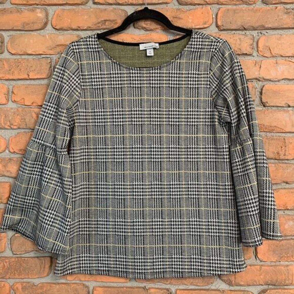 Allison Joy Womens Plaid Knit Blouse Top Houndstooth Bell Sleeves Size Small